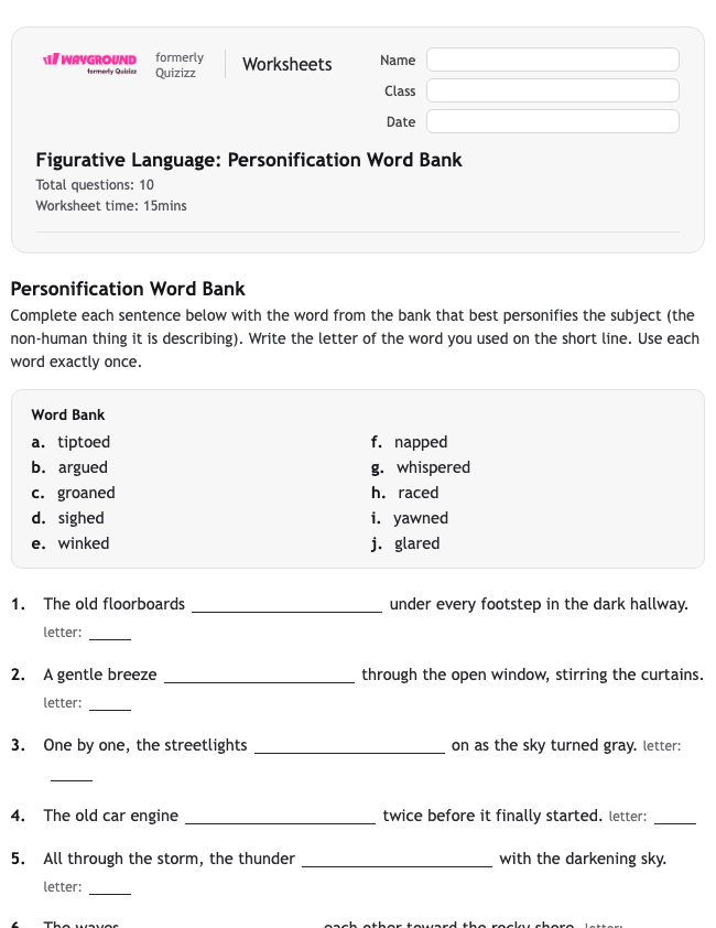 Figurative Language: Personification Word Bank - Dapat dicetak Bahasa-figuratif Lembar-kerja - Wayground
