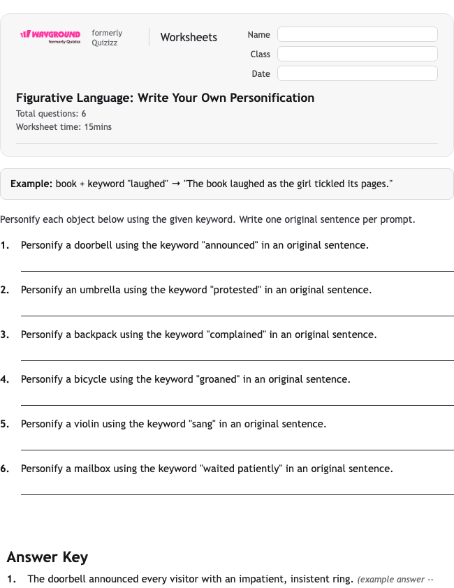 Figurative Language: Write Your Own Personification - Dapat dicetak Bahasa-figuratif Lembar-kerja - Wayground