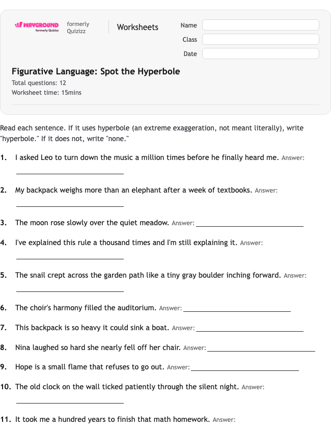 Figurative Language: Spot the Hyperbole - Dapat dicetak Bahasa-figuratif Lembar-kerja - Wayground