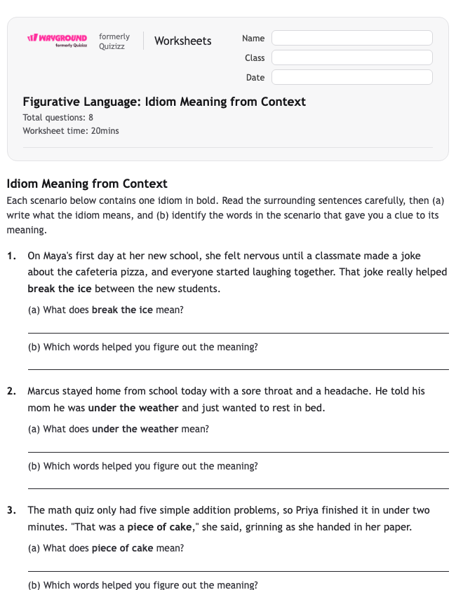 Figurative Language: Idiom Meaning from Context - Dapat dicetak Bahasa-figuratif Lembar-kerja - Wayground