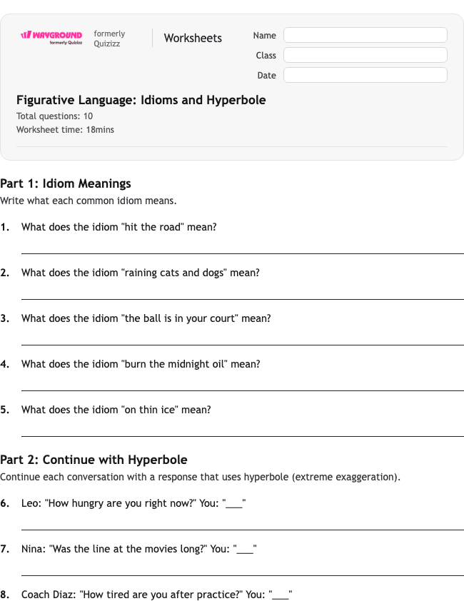 Figurative Language: Idioms and Hyperbole - Dapat dicetak Bahasa-figuratif Lembar-kerja - Wayground