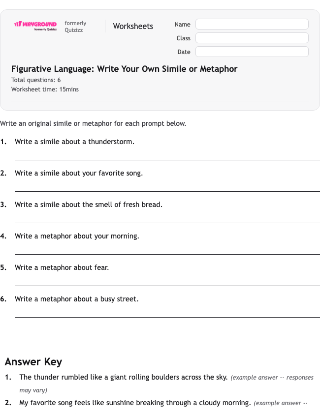 Figurative Language: Write Your Own Simile or Metaphor - Dapat dicetak Bahasa-figuratif Lembar-kerja - Wayground
