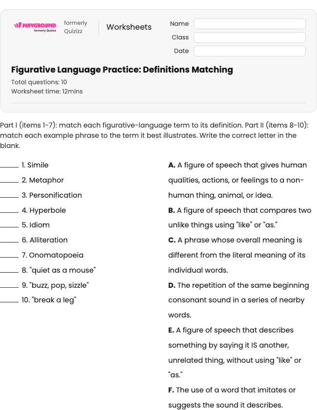 Figurative Language Practice: Definitions Matching - Dapat dicetak Bahasa-figuratif Lembar-kerja - Wayground