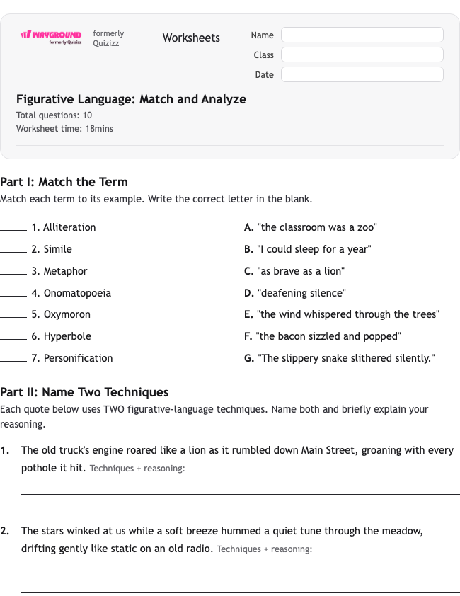 Figurative Language: Match and Analyze - Dapat dicetak Bahasa-figuratif Lembar-kerja - Wayground