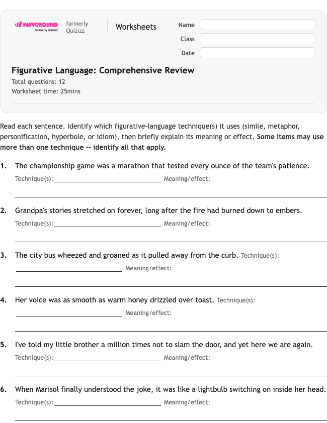 Figurative Language: Comprehensive Review - Dapat dicetak Bahasa-figuratif Lembar-kerja - Wayground