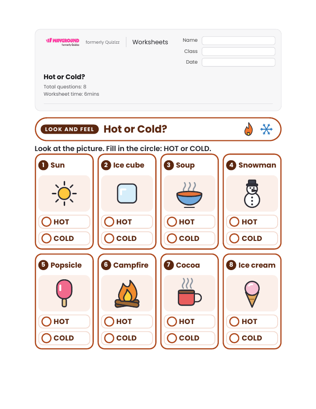 Hot or Cold? - Printable Forms-of-energy Worksheets Kindergarten - Wayground