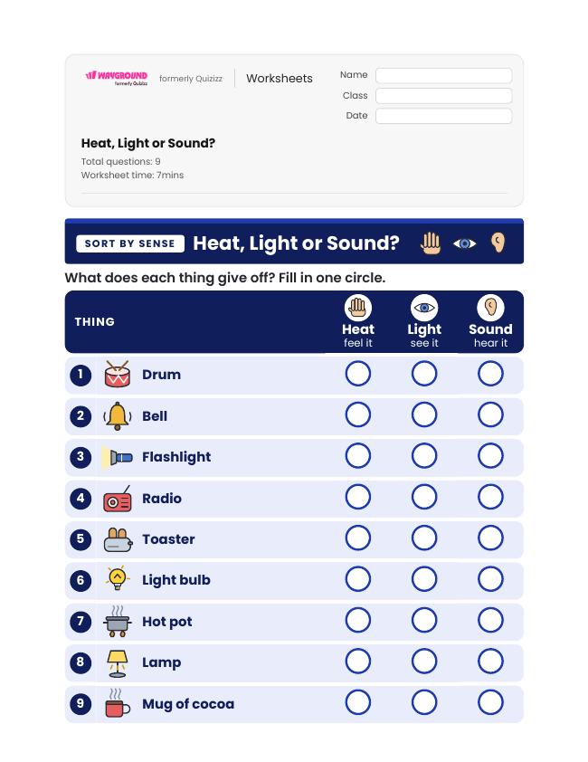 Heat, Light or Sound? - Printable Forms-of-energy Worksheets Kindergarten - Wayground