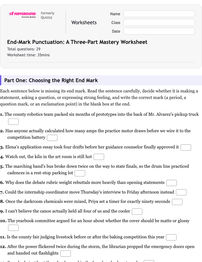 End-Mark Punctuation: A Three-Part Mastery Worksheet - พิมพ์ได้ ไวยากรณ์ เวิร์กชีท ระดับ 10 - Wayground