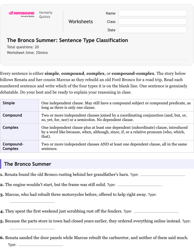 The Bronco Summer: Sentence Type Classification - พิมพ์ได้ ไวยากรณ์ เวิร์กชีท ระดับ 10 - Wayground