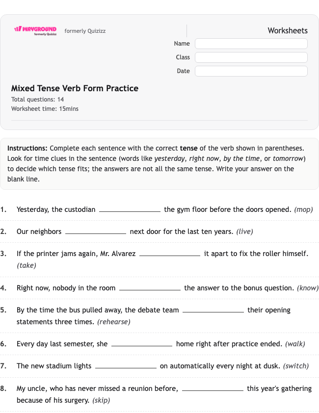 Mixed Tense Verb Form Practice - พิมพ์ได้ ไวยากรณ์ เวิร์กชีท ระดับ 10 - Wayground