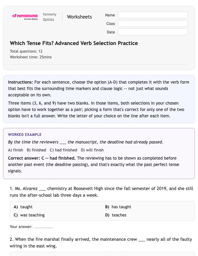 Which Tense Fits? Advanced Verb Selection Practice - พิมพ์ได้ ไวยากรณ์ เวิร์กชีท ระดับ 10 - Wayground