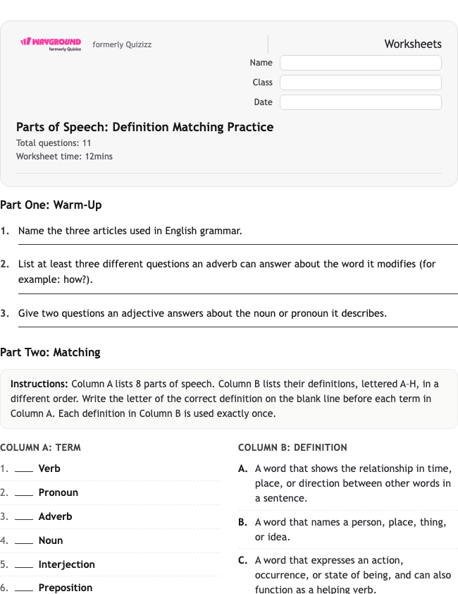 Parts of Speech: Definition Matching Practice - พิมพ์ได้ ไวยากรณ์ เวิร์กชีท ระดับ 10 - Wayground