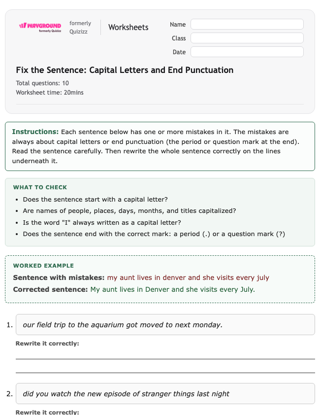 Fix the Sentence: Capital Letters and End Punctuation - พิมพ์ได้ ไวยากรณ์ เวิร์กชีท ระดับ 10 - Wayground