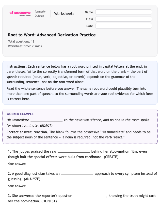 Root to Word: Advanced Derivation Practice - พิมพ์ได้ ไวยากรณ์ เวิร์กชีท ระดับ 10 - Wayground