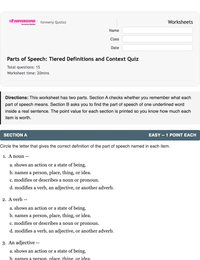 Parts of Speech: Tiered Definitions and Context Quiz - พิมพ์ได้ ไวยากรณ์ เวิร์กชีท ระดับ 10 - Wayground