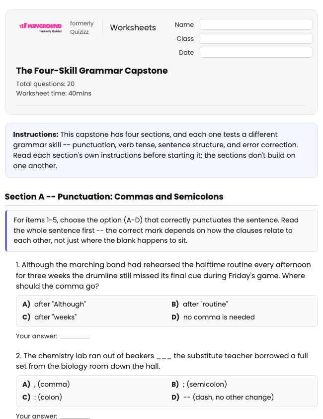 The Four-Skill Grammar Capstone - พิมพ์ได้ ไวยากรณ์ เวิร์กชีท ระดับ 10 - Wayground
