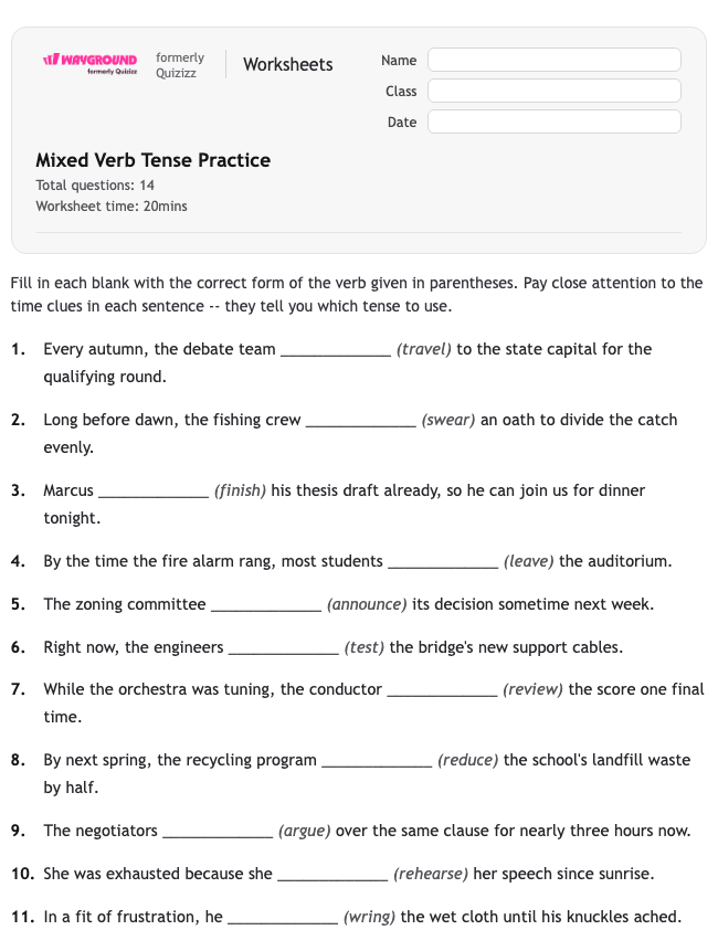 Mixed Verb Tense Practice - พิมพ์ได้ ไวยากรณ์ เวิร์กชีท ระดับ 11 - Wayground