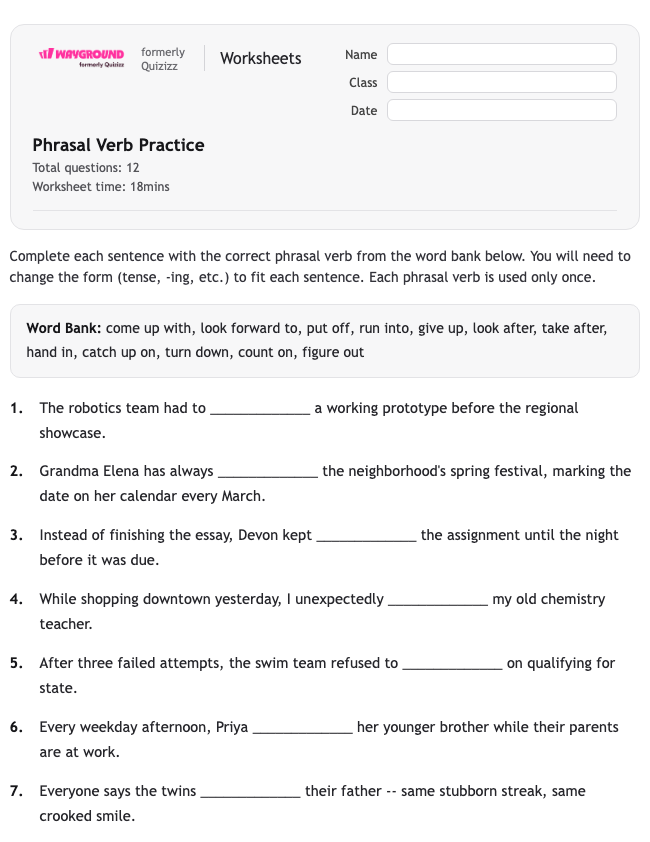 Phrasal Verb Practice - พิมพ์ได้ ไวยากรณ์ เวิร์กชีท ระดับ 11 - Wayground