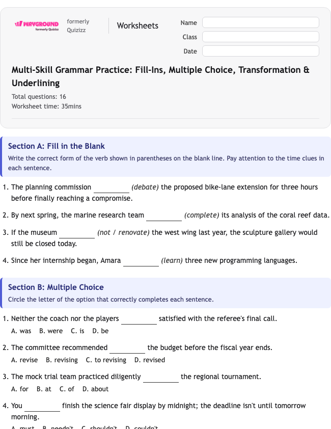 Multi-Skill Grammar Practice: Fill-Ins, Multiple Choice, Transformation & Underlining - พิมพ์ได้ ไวยากรณ์ เวิร์กชีท ระดับ 11 - Wayground