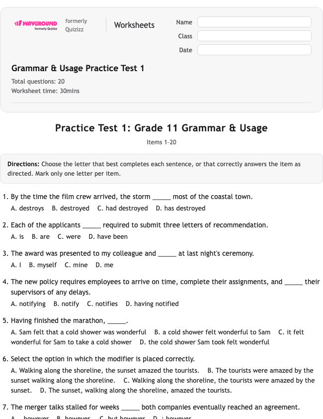 Grammar & Usage Practice Test 1 - พิมพ์ได้ ไวยากรณ์ เวิร์กชีท ระดับ 11 - Wayground