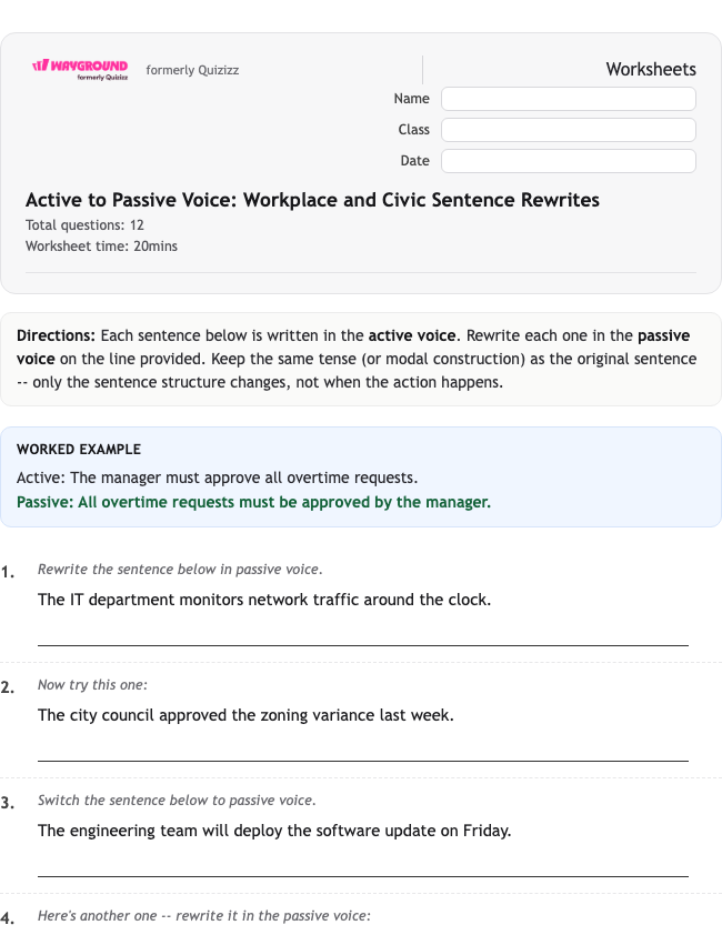Active to Passive Voice: Workplace and Civic Sentence Rewrites - พิมพ์ได้ ไวยากรณ์ เวิร์กชีท ระดับ 11 - Wayground