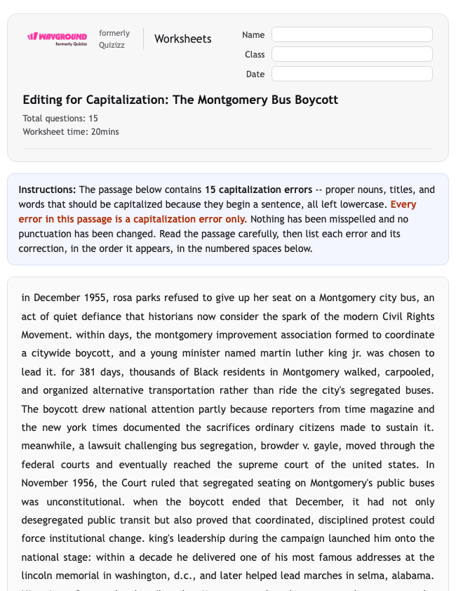 Editing for Capitalization: The Montgomery Bus Boycott - พิมพ์ได้ ไวยากรณ์ เวิร์กชีท ระดับ 11 - Wayground