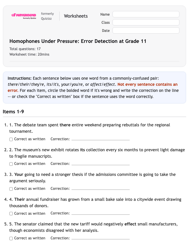 Homophones Under Pressure: Error Detection at Grade 11 - พิมพ์ได้ ไวยากรณ์ เวิร์กชีท ระดับ 11 - Wayground