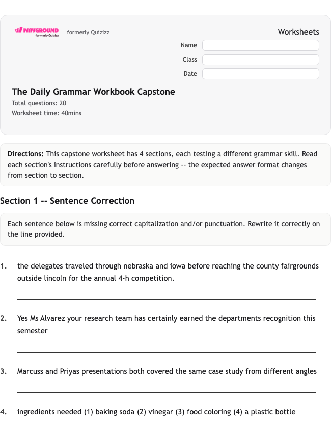 The Daily Grammar Workbook Capstone - พิมพ์ได้ ไวยากรณ์ เวิร์กชีท ระดับ 11 - Wayground
