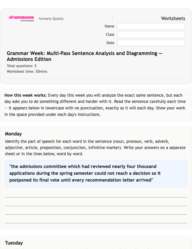 Grammar Week: Multi-Pass Sentence Analysis and Diagramming — Admissions Edition - พิมพ์ได้ ไวยากรณ์ เวิร์กชีท ระดับ 12 - Wayground