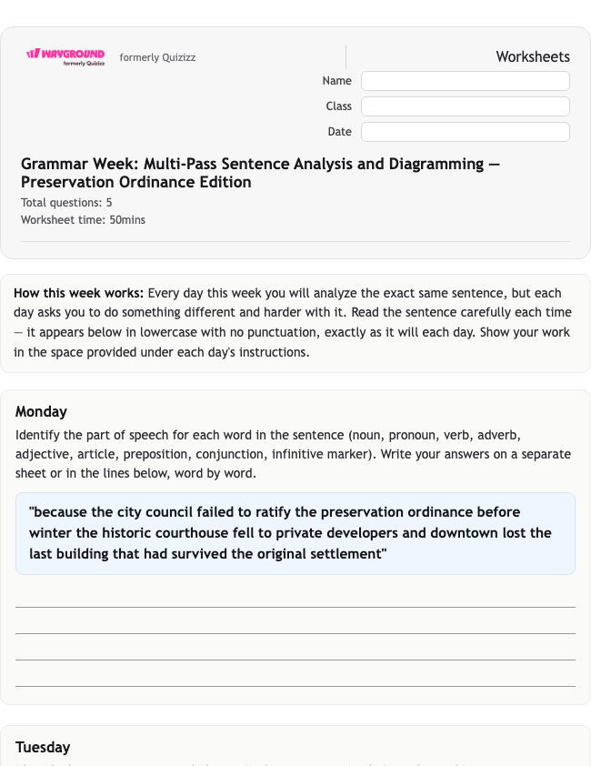 Grammar Week: Multi-Pass Sentence Analysis and Diagramming — Preservation Ordinance Edition - พิมพ์ได้ ไวยากรณ์ เวิร์กชีท ระดับ 12 - Wayground