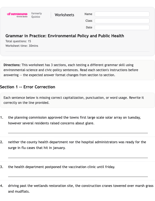 Grammar in Practice: Environmental Policy and Public Health - พิมพ์ได้ ไวยากรณ์ เวิร์กชีท ระดับ 12 - Wayground