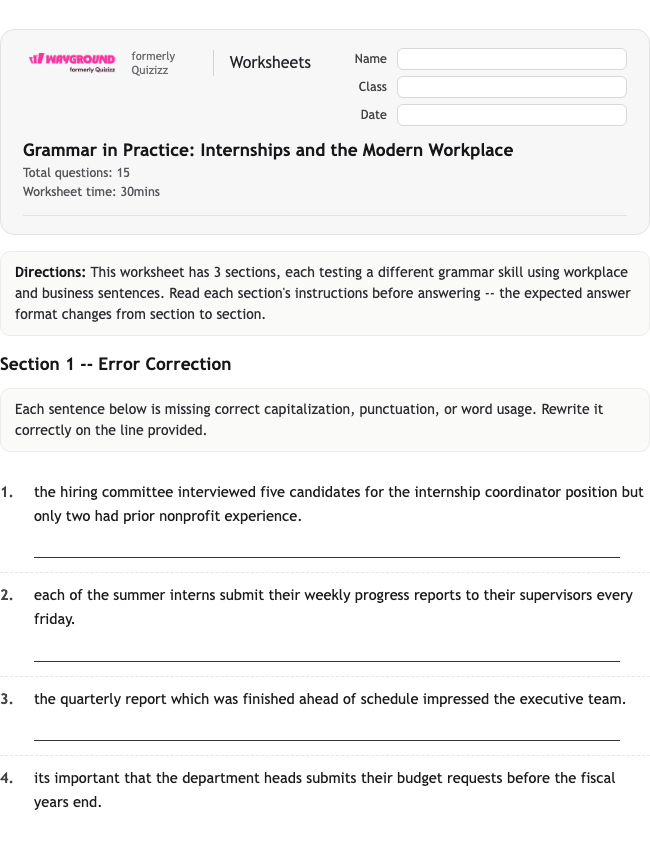 Grammar in Practice: Internships and the Modern Workplace - พิมพ์ได้ ไวยากรณ์ เวิร์กชีท ระดับ 12 - Wayground