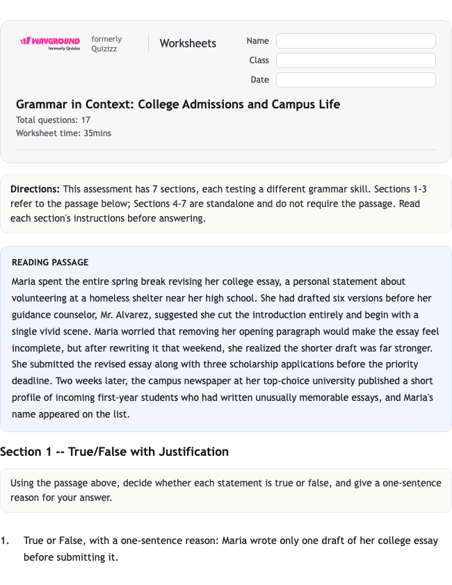 Grammar in Context: College Admissions and Campus Life - พิมพ์ได้ ไวยากรณ์ เวิร์กชีท ระดับ 12 - Wayground