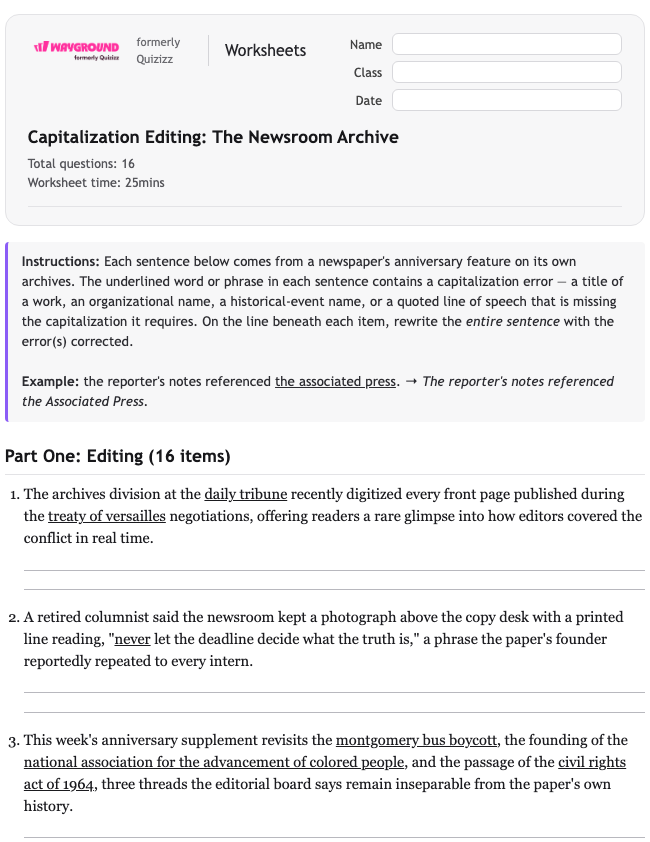 Capitalization Editing: The Newsroom Archive - พิมพ์ได้ ไวยากรณ์ เวิร์กชีท ระดับ 12 - Wayground