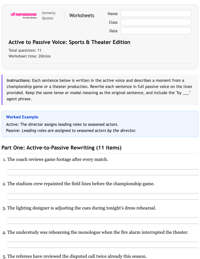 Active to Passive Voice: Sports & Theater Edition - พิมพ์ได้ ไวยากรณ์ เวิร์กชีท ระดับ 12 - Wayground