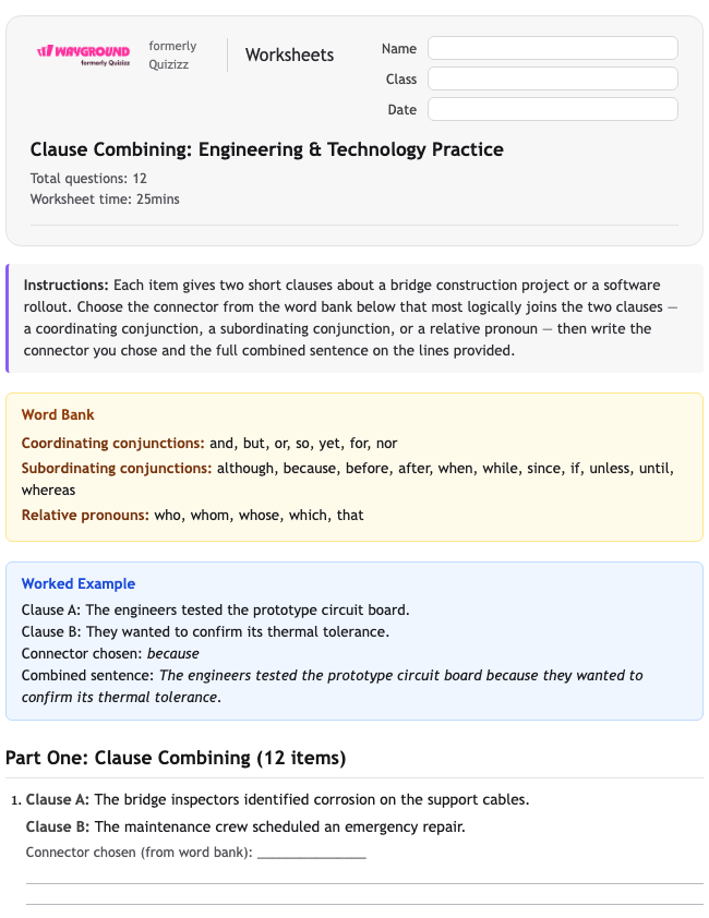 Clause Combining: Engineering & Technology Practice - พิมพ์ได้ ไวยากรณ์ เวิร์กชีท ระดับ 12 - Wayground