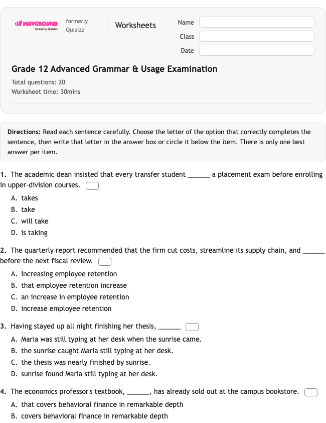 Grade 12 Advanced Grammar & Usage Examination - พิมพ์ได้ ไวยากรณ์ เวิร์กชีท ระดับ 12 - Wayground