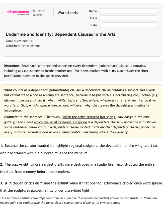 Underline and Identify: Dependent Clauses in the Arts - พิมพ์ได้ ไวยากรณ์ เวิร์กชีท ระดับ 12 - Wayground