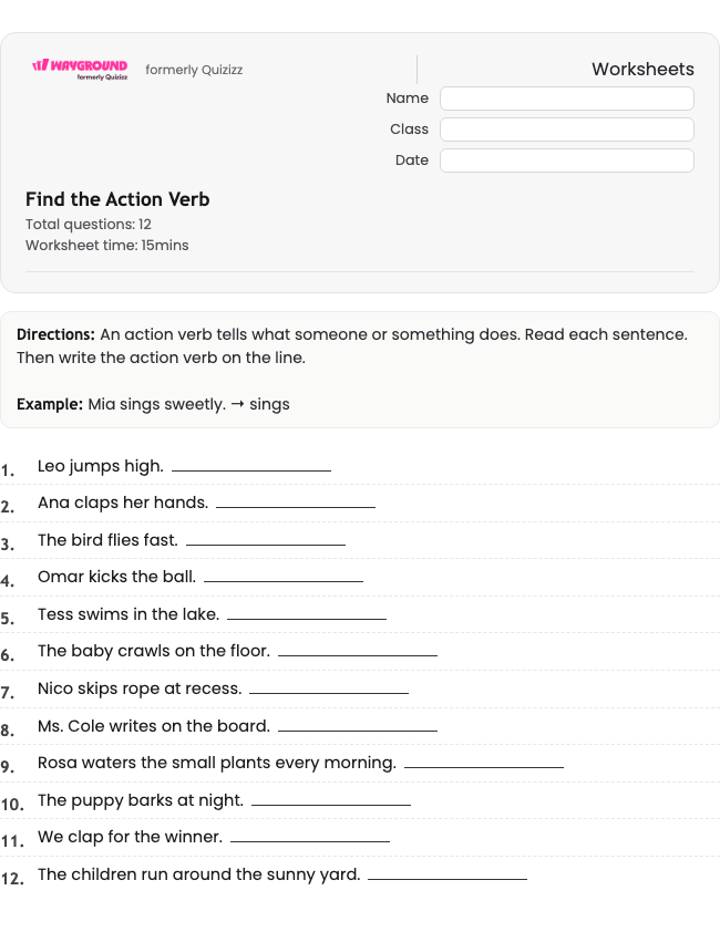 Find the Action Verb - พิมพ์ได้ ไวยากรณ์ เวิร์กชีท ระดับ 1 - Wayground