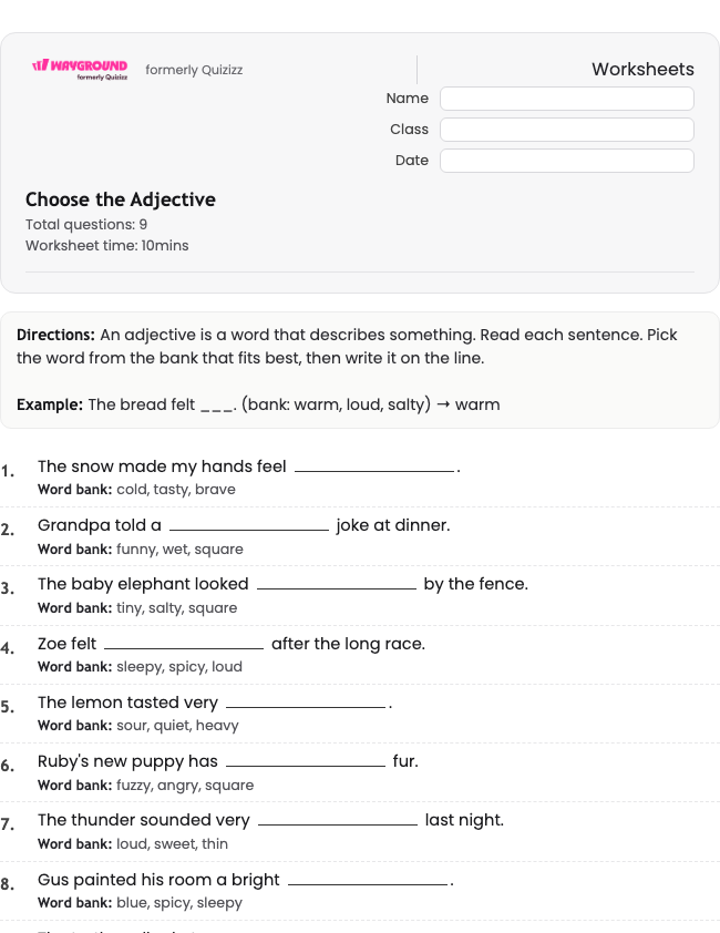 Choose the Adjective - พิมพ์ได้ ไวยากรณ์ เวิร์กชีท ระดับ 1 - Wayground