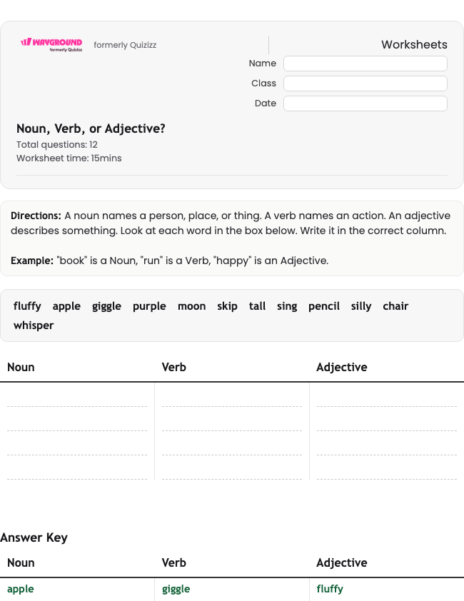 Noun, Verb, or Adjective? - พิมพ์ได้ ไวยากรณ์ เวิร์กชีท ระดับ 1 - Wayground