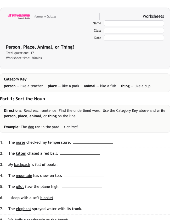 Person, Place, Animal, or Thing? - พิมพ์ได้ ไวยากรณ์ เวิร์กชีท ระดับ 1 - Wayground