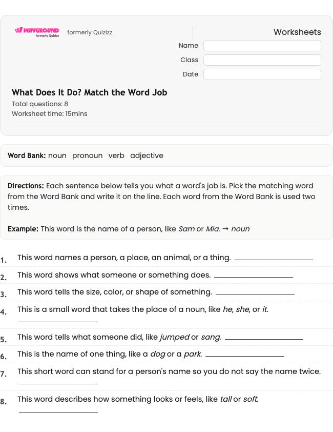 What Does It Do? Match the Word Job - พิมพ์ได้ ไวยากรณ์ เวิร์กชีท ระดับ 1 - Wayground