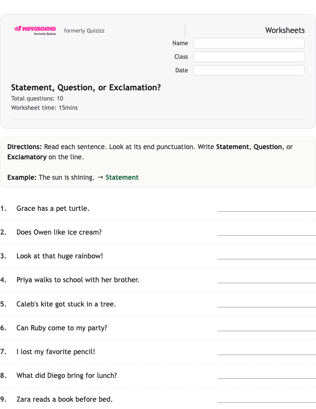 Statement, Question, or Exclamation? - พิมพ์ได้ ไวยากรณ์ เวิร์กชีท ระดับ 1 - Wayground