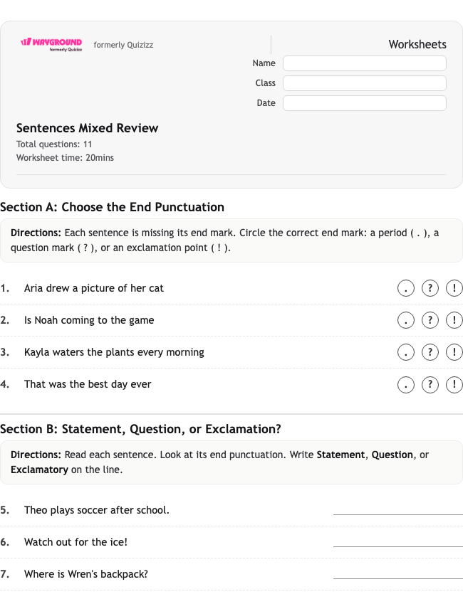 Sentences Mixed Review - พิมพ์ได้ ไวยากรณ์ เวิร์กชีท ระดับ 1 - Wayground