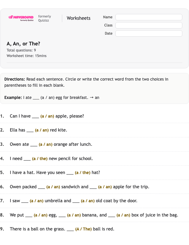 A, An, or The? - พิมพ์ได้ ไวยากรณ์ เวิร์กชีท ระดับ 1 - Wayground