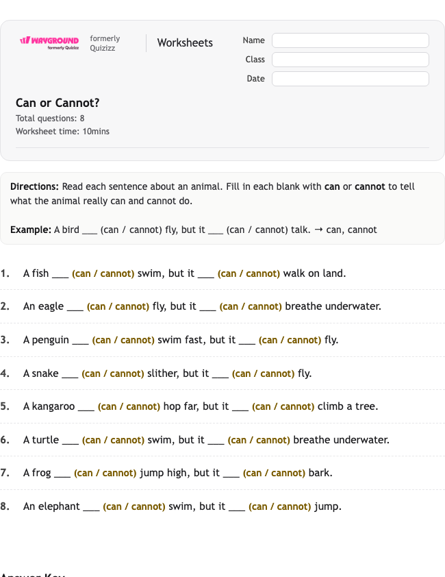 Can or Cannot? - พิมพ์ได้ ไวยากรณ์ เวิร์กชีท ระดับ 1 - Wayground