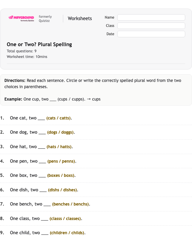 One or Two? Plural Spelling - พิมพ์ได้ ไวยากรณ์ เวิร์กชีท ระดับ 1 - Wayground