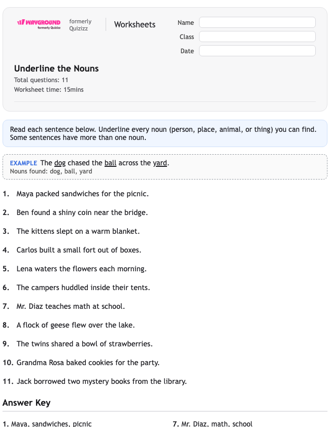 Underline the Nouns - Printable Gramatyka Karty-pracy Klasa 2 - Quizizz