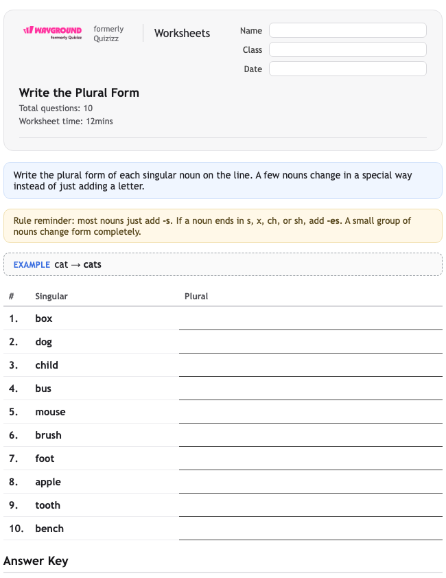 Write the Plural Form - Printable Gramatyka Karty-pracy Klasa 2 - Quizizz
